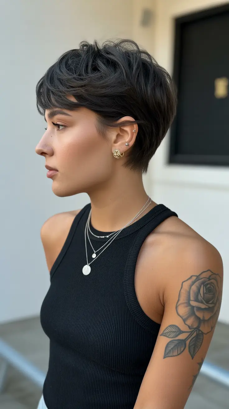 spring pixie Soft Brunette Rounded Pixie with Tapered Nape