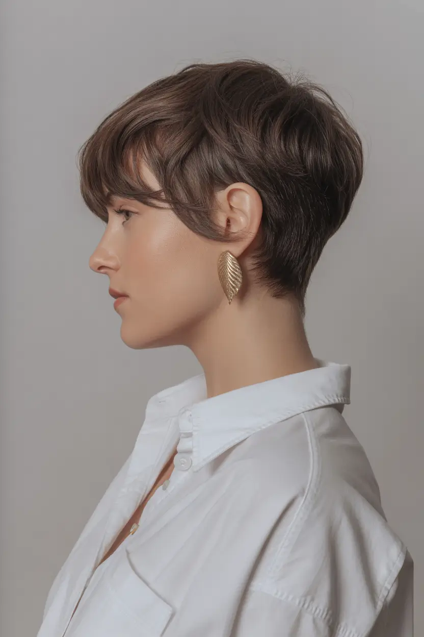 spring pixie Soft Brunette Feminine Pixie with Feathered Layers