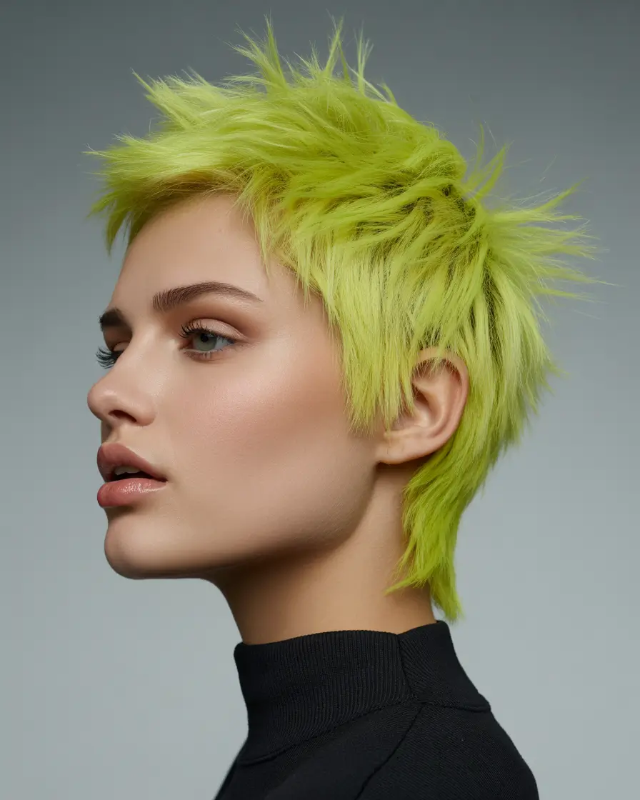spring pixie Neon Lime Textured Pixie with Modern Mullet Influence