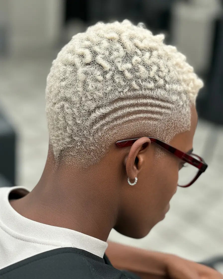 spring pixie Platinum Sculpted Buzz Pixie with Artistic Fade Detail