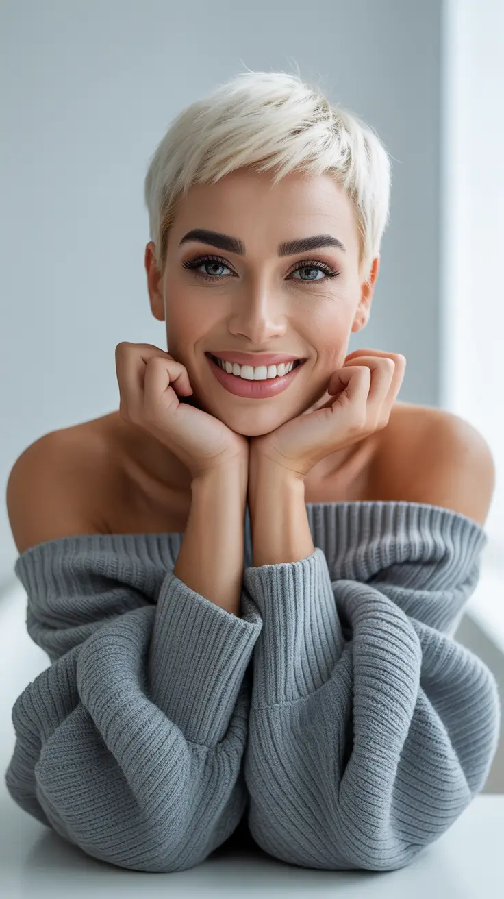 spring pixie Classic Soft Platinum Pixie with Clean Micro Fringe