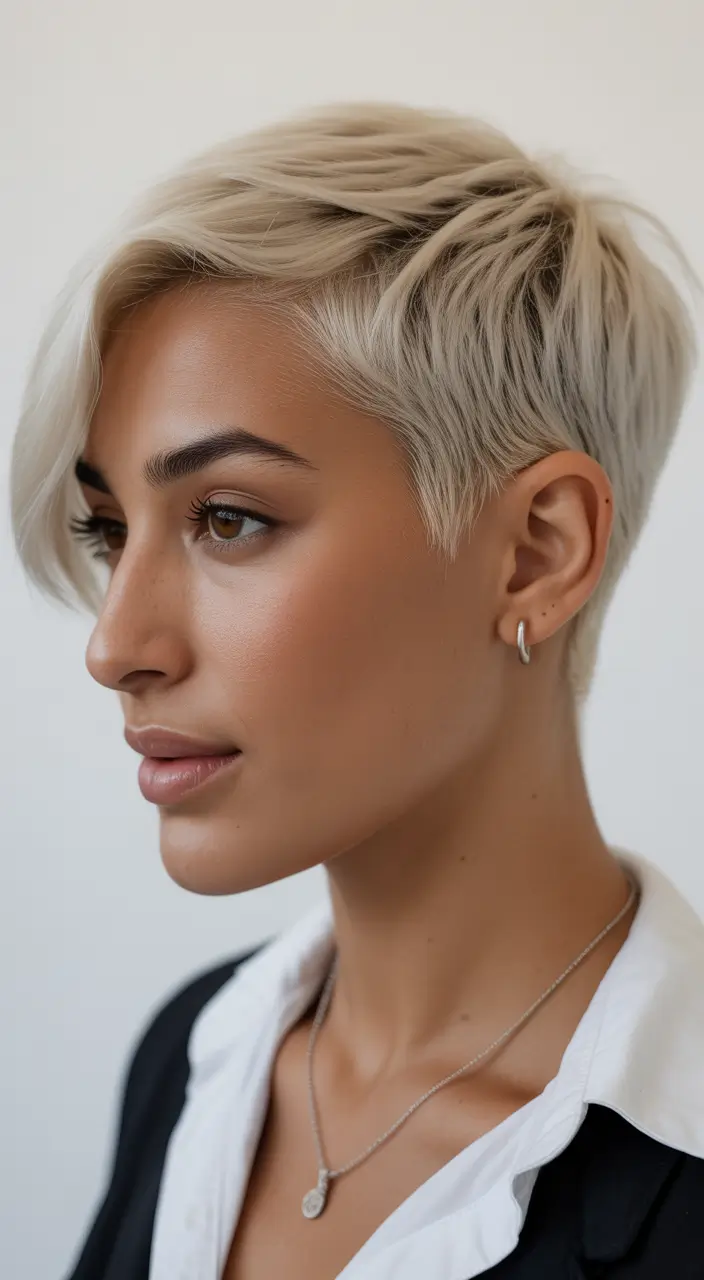 spring pixie Soft Cream Blonde Sculpted Pixie with Side Sweep