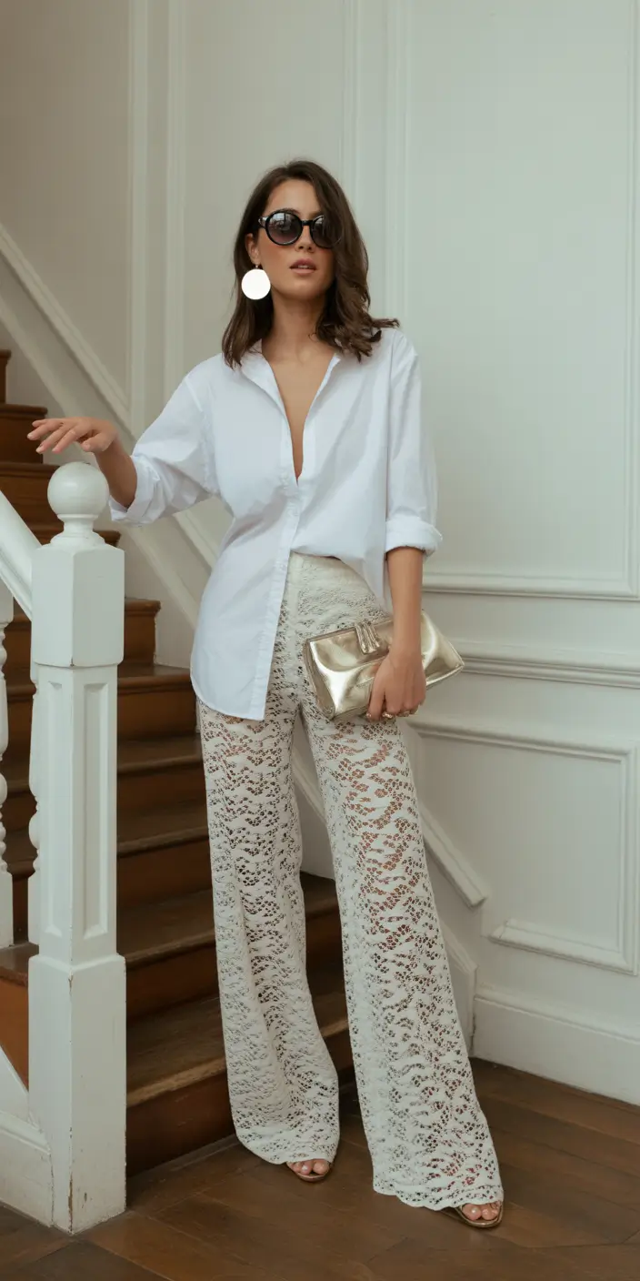 spring fits outfits White Shirt and Lace Pants for Soft Spring Glam