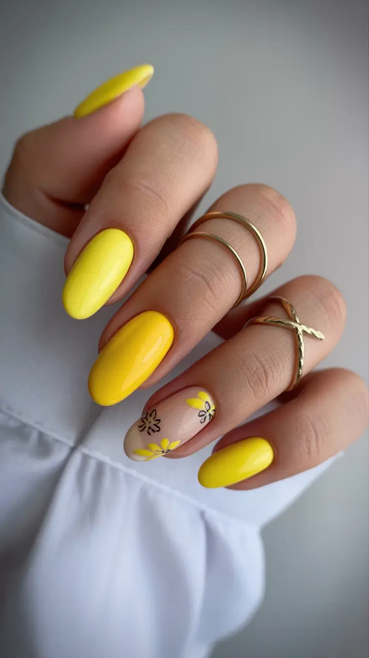 yellow spring nails Butter Yellow Almond Nails With Minimal Daisy Accent