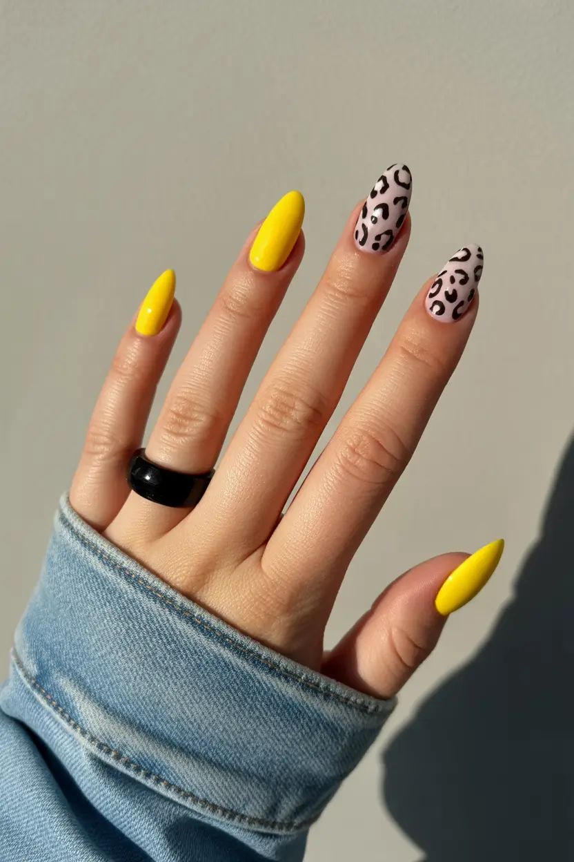 yellow spring nails Yellow And Neutral Leopard Accent Nails