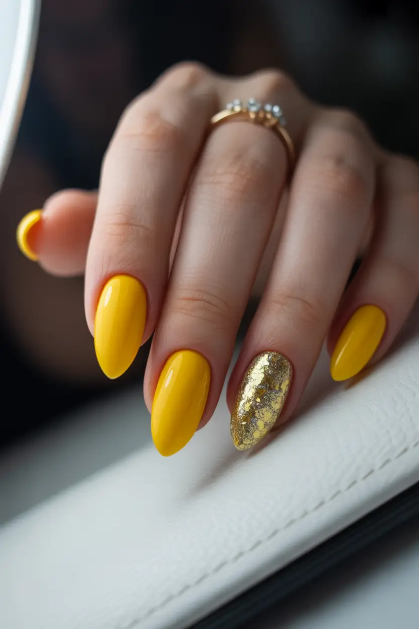 yellow spring nails Golden Accent Almond Nails With Glossy Yellow Finish