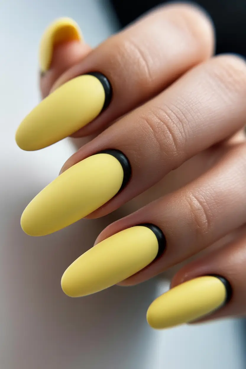 yellow spring nails Matte Butter Yellow Nails With Bold Black Outline