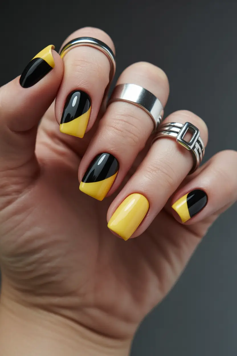 yellow spring nails Black And Yellow Color Block Square Nails