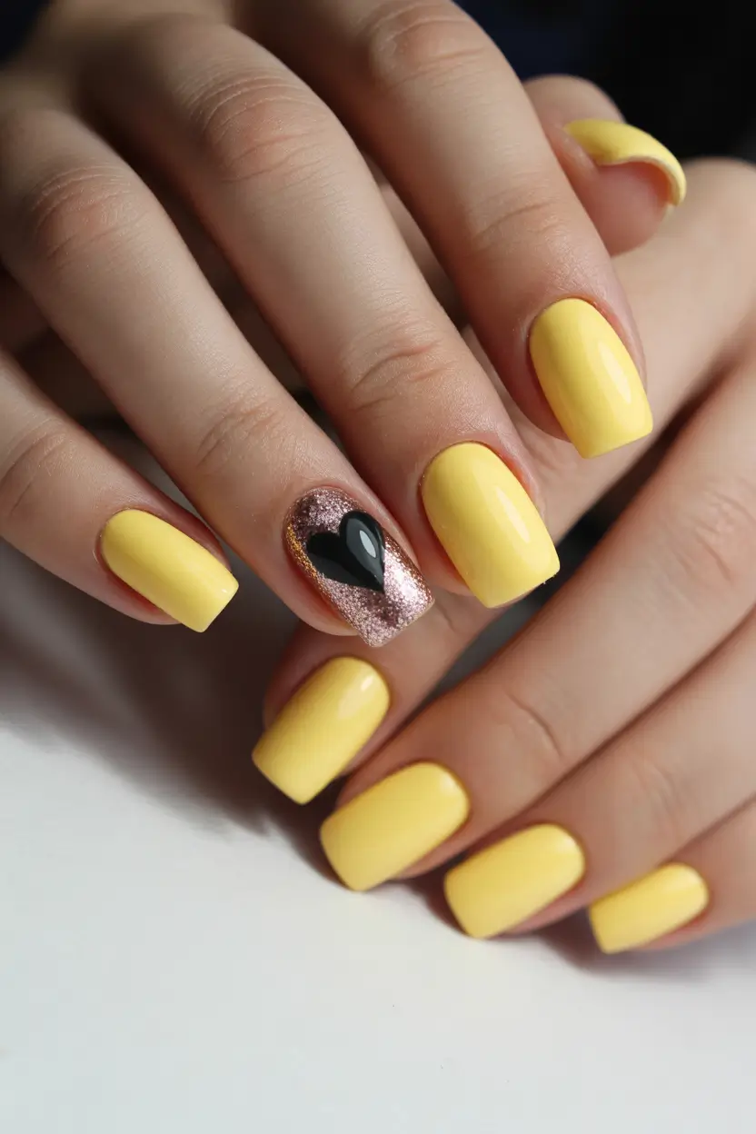 yellow spring nails Soft Yellow Square Nails With Glitter Heart Accent
