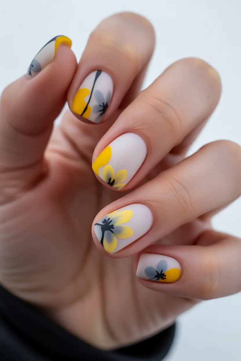 yellow spring nails Soft Gray And Yellow Floral Spring Nails
