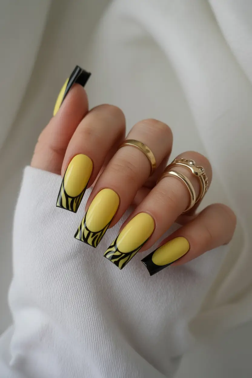 yellow spring nails Long Yellow Nails With Black Zebra French Tips