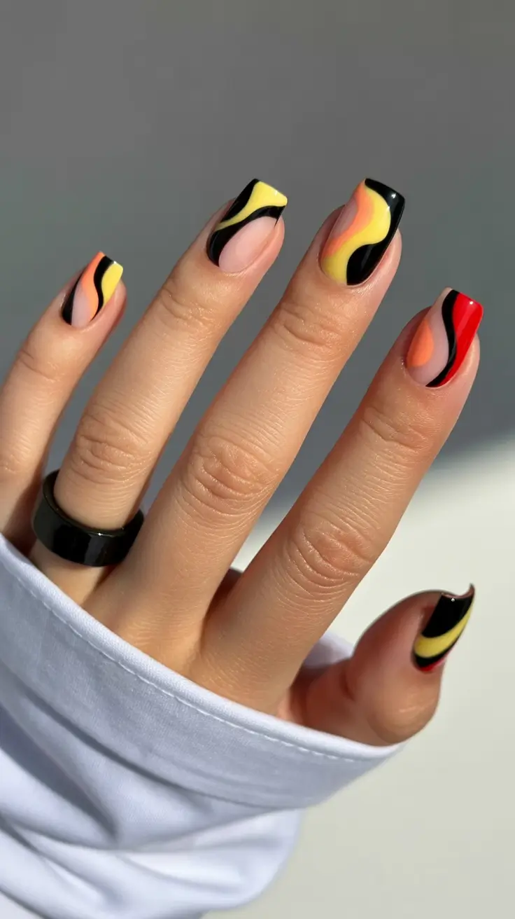 yellow spring nails Abstract Yellow Orange And Black Wave Nails
