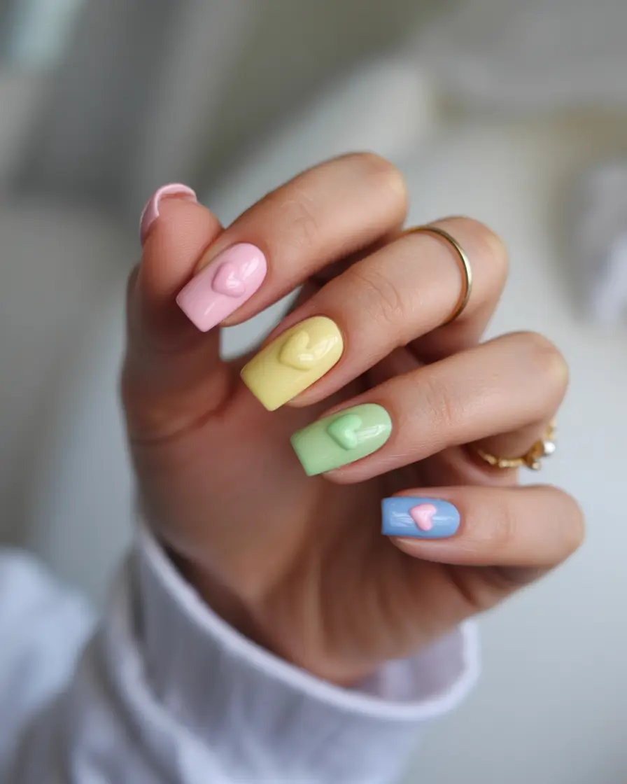 yellow spring nails Pastel Pink And Blue With Yellow Accent Nails