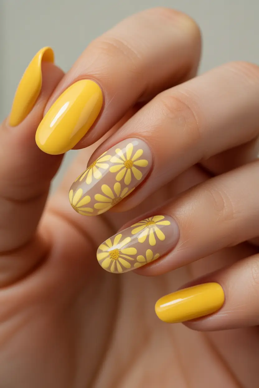 yellow spring nails Yellow Daisy Pattern On Sheer Nude Base