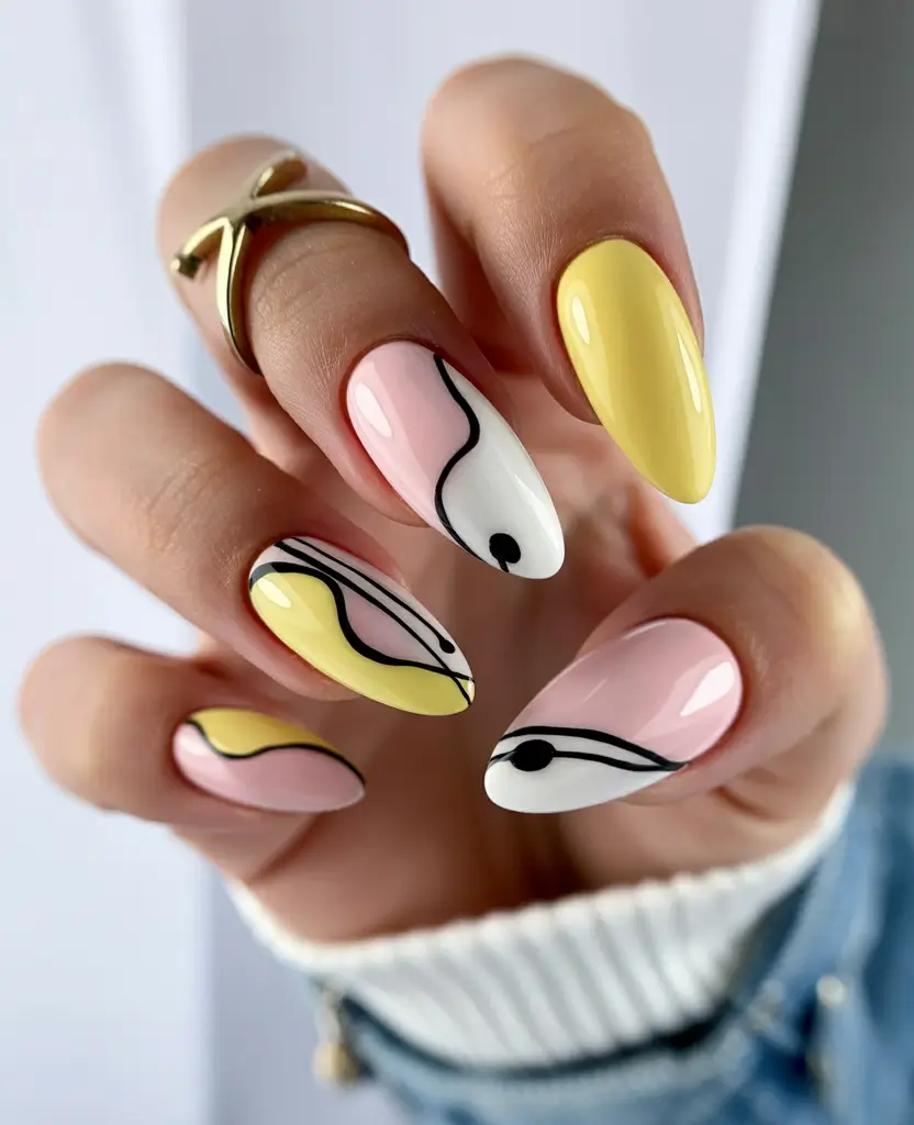 yellow spring nails Abstract Pink And Yellow Minimal Line Nails