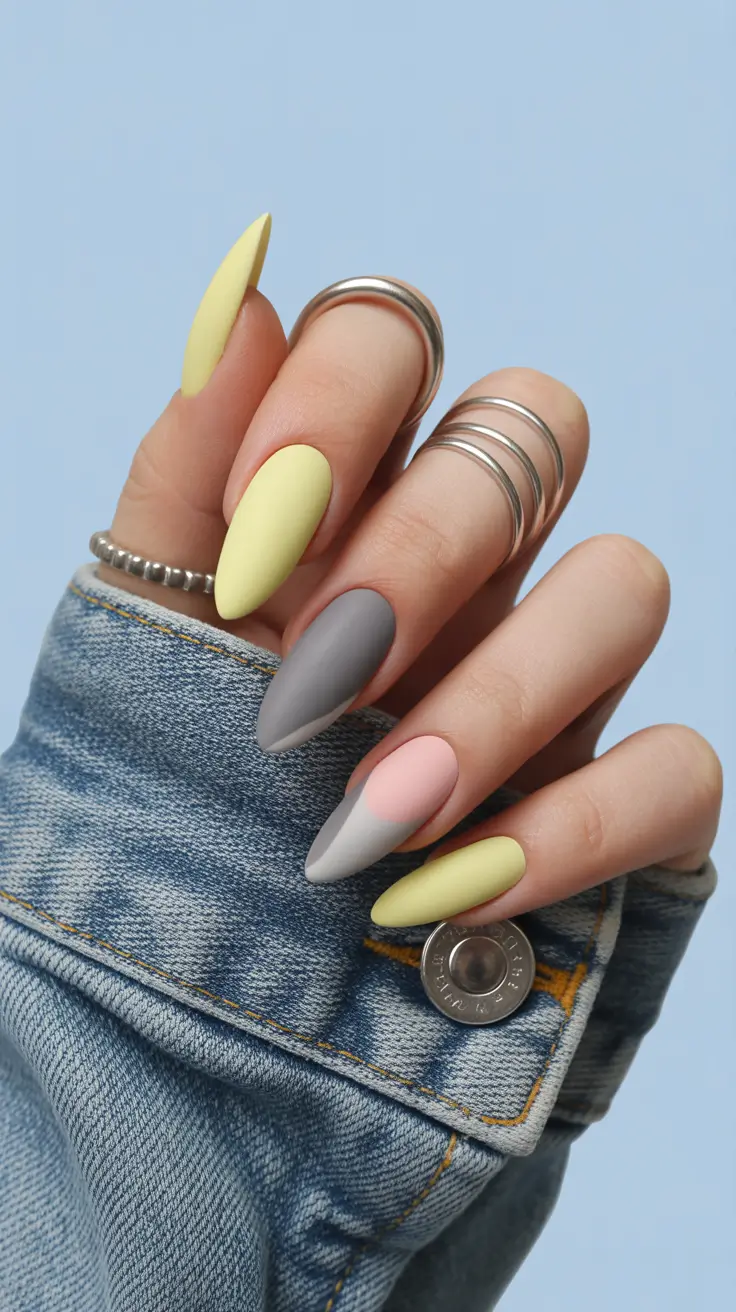 yellow spring nails Matte Pastel Yellow And Gray Almond Nails