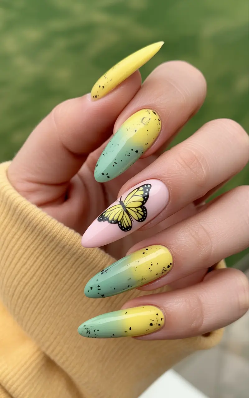 yellow spring nails Green And Yellow Butterfly Gradient Nails