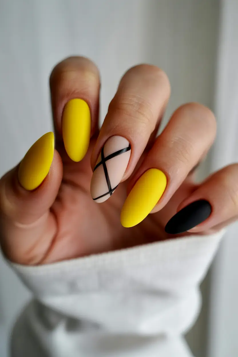 yellow spring nails Modern Yellow And Black Graphic Almond Nails
