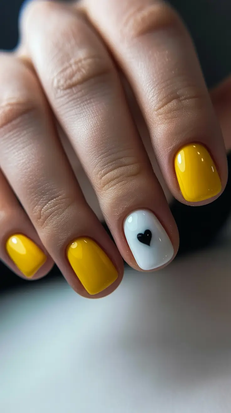 yellow spring nails Short Yellow Square Nails With Minimal Graphic Heart Accent