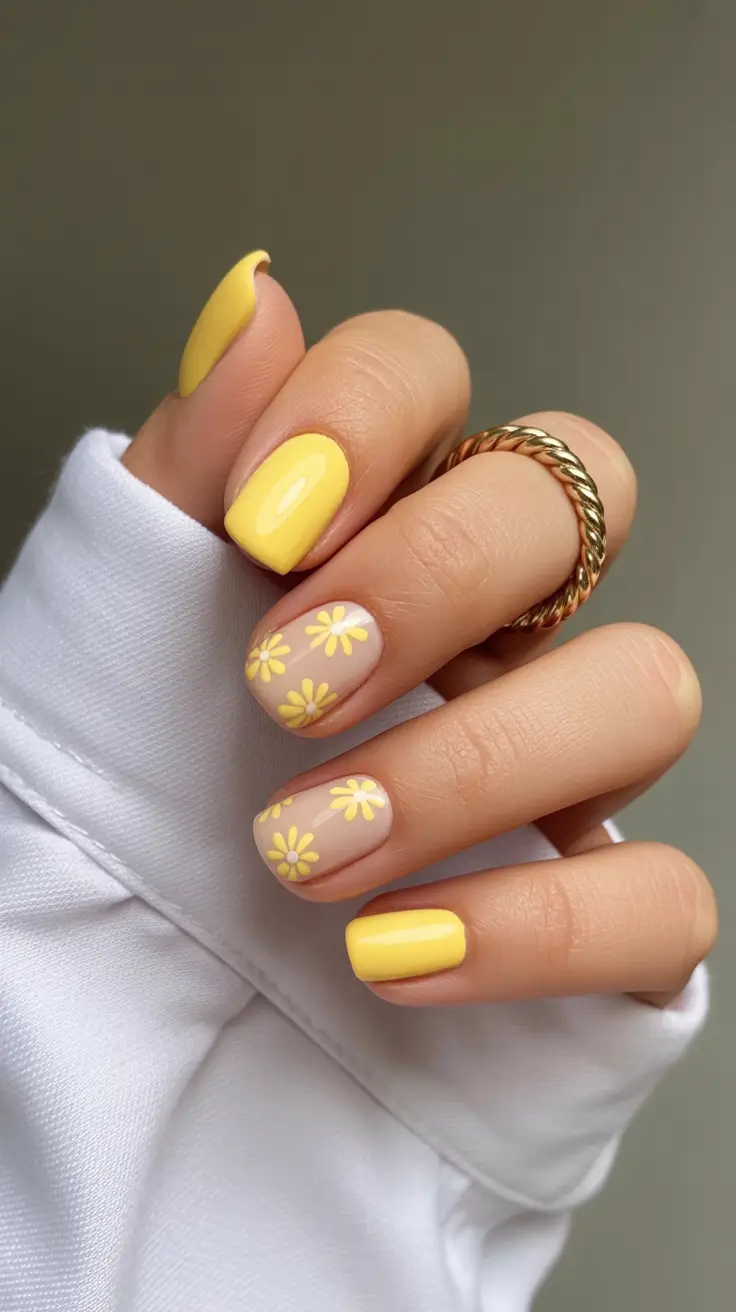 yellow spring nails Pale Yellow Floral Spring Nails With Soft Daisy Pattern