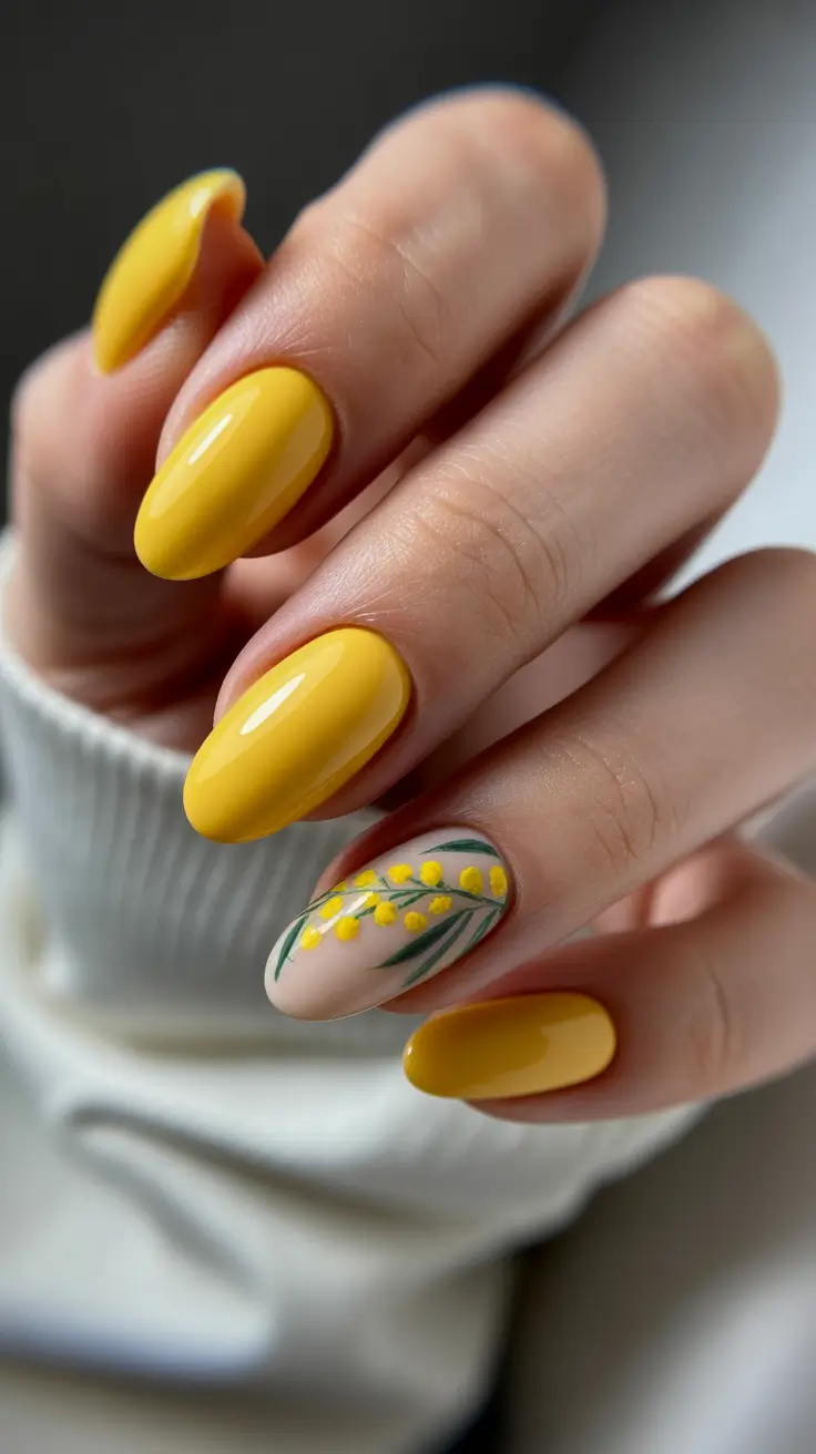 yellow spring nails Butter Yellow Almond Nails With Botanical Green Art Accent