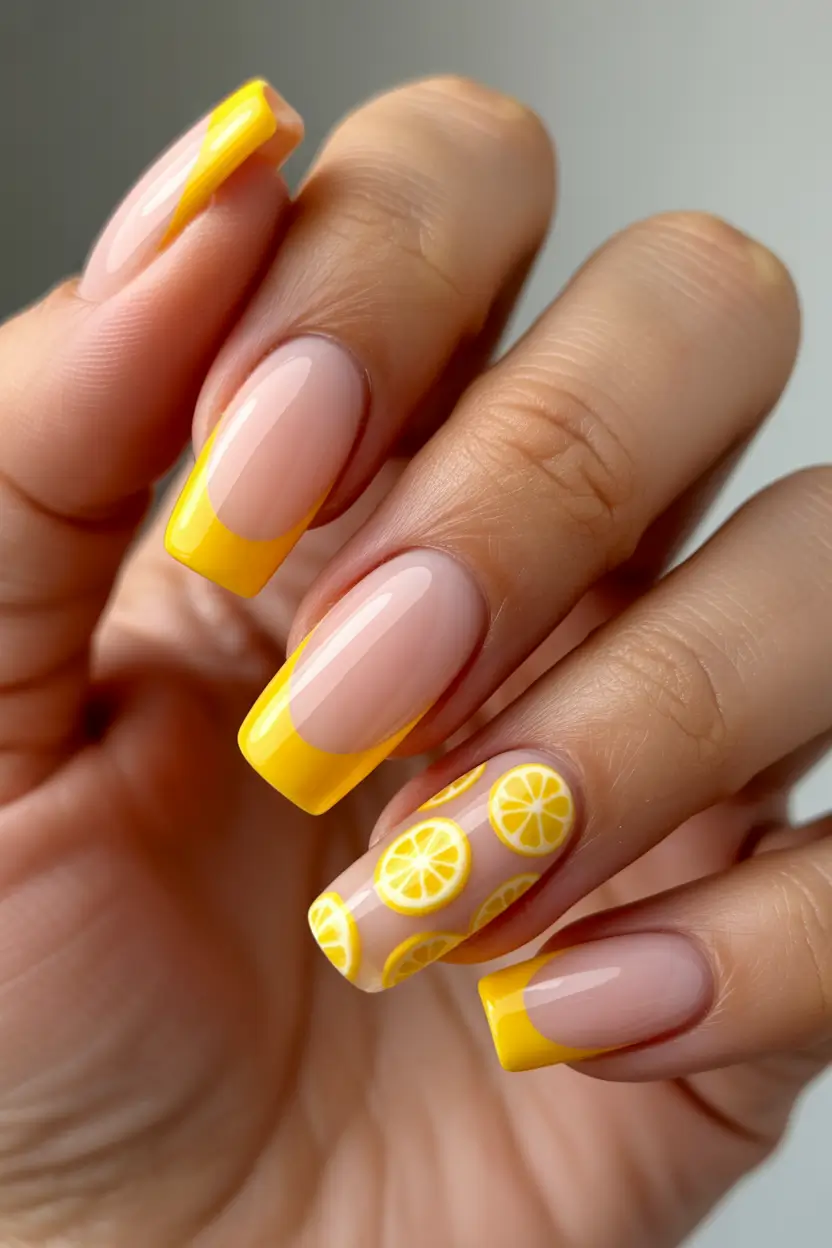 yellow spring nails Glossy Lemon French Tips With Playful Citrus Art