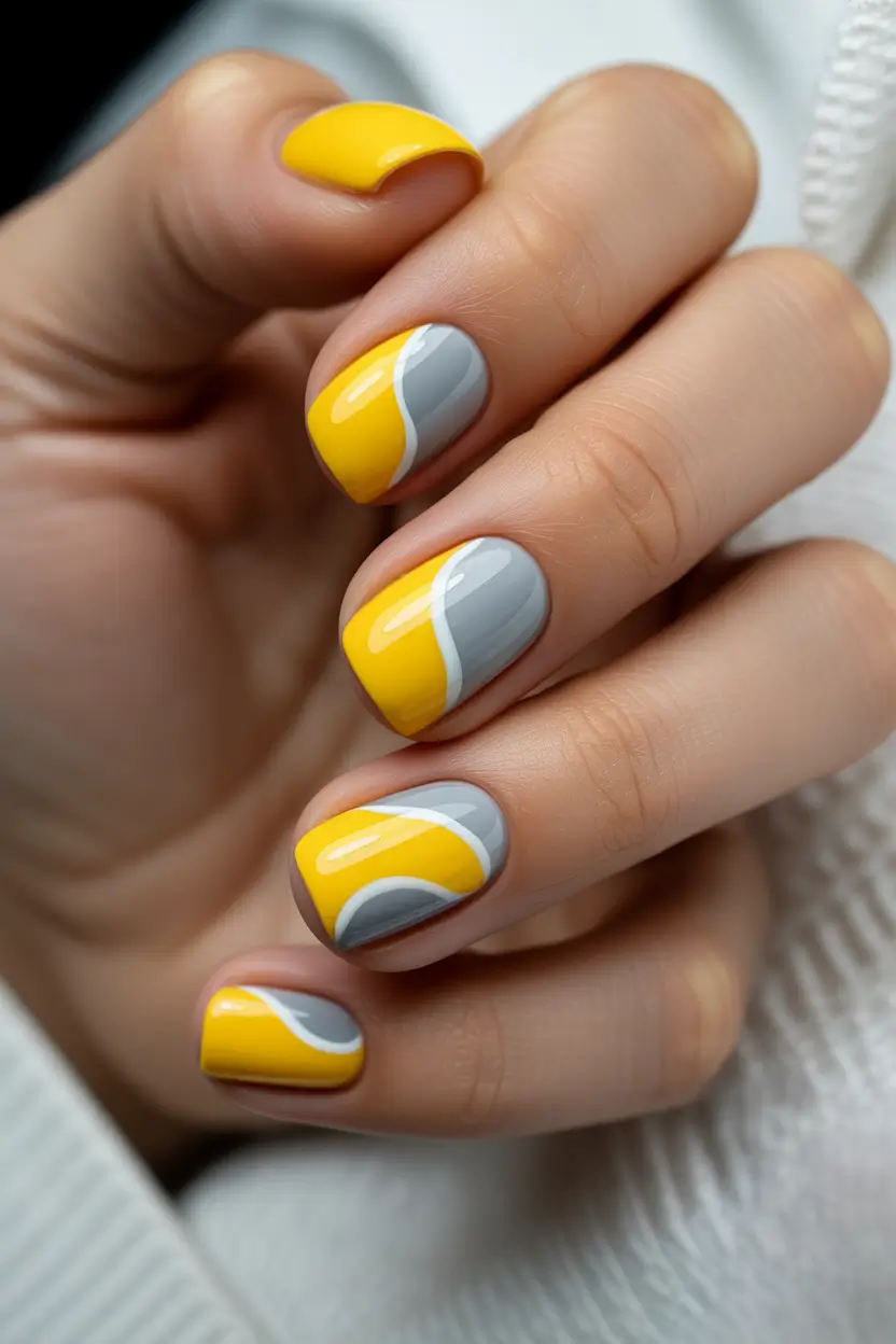 yellow spring nails Short Graphic Yellow And Gray Wave Nails