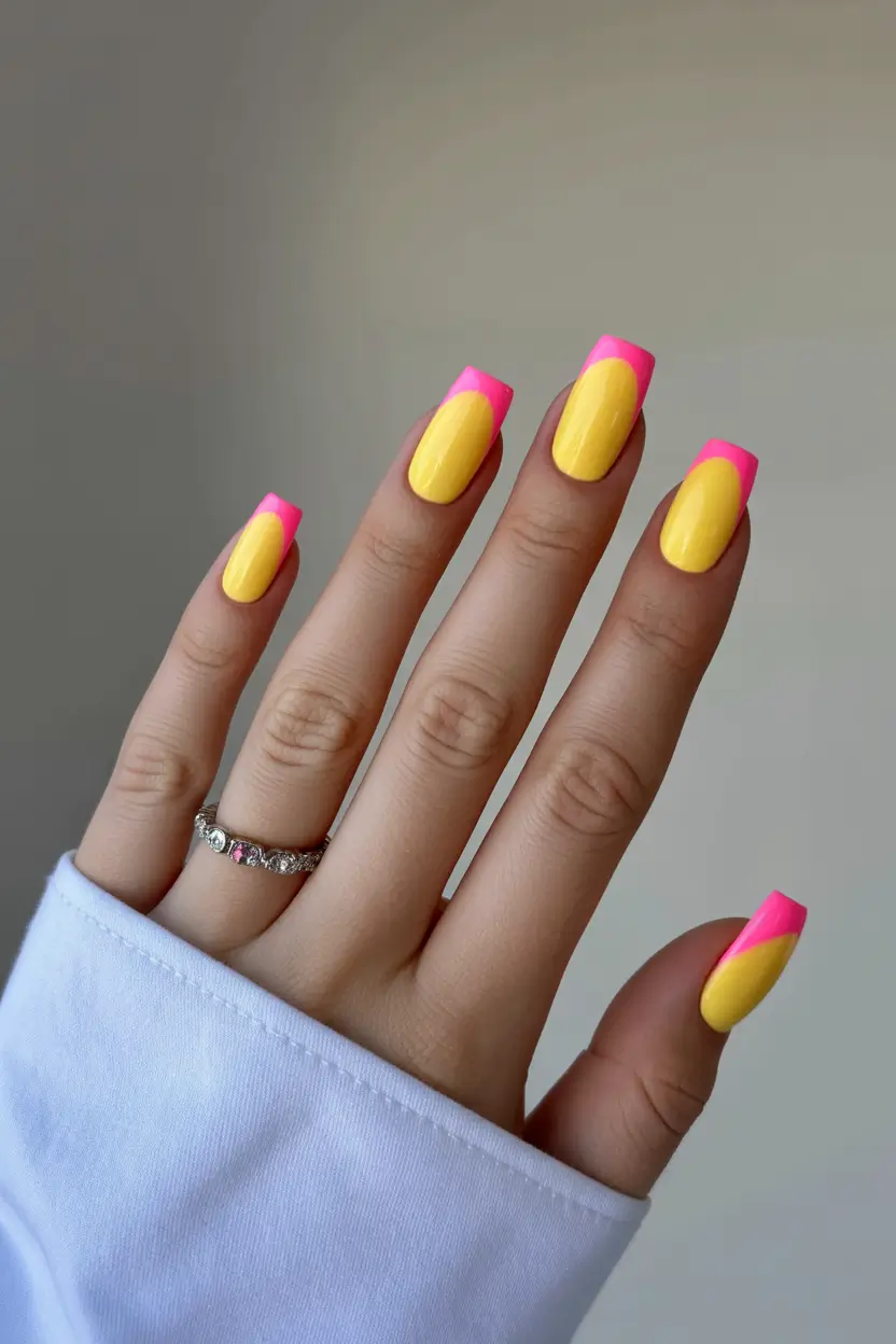yellow spring nails Pink And Yellow Color Block Spring Nails