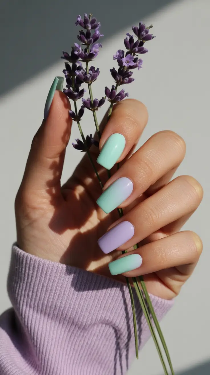 classy spring nails Pastel Square Mix - Mint, Lavender, and Soft Blue Freshness