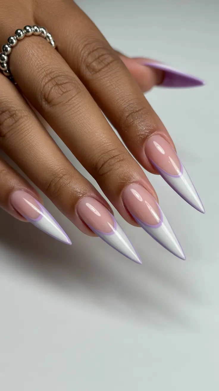classy spring nails Lavender-Edged Stiletto French - The Softest Twist on Sharp Nails