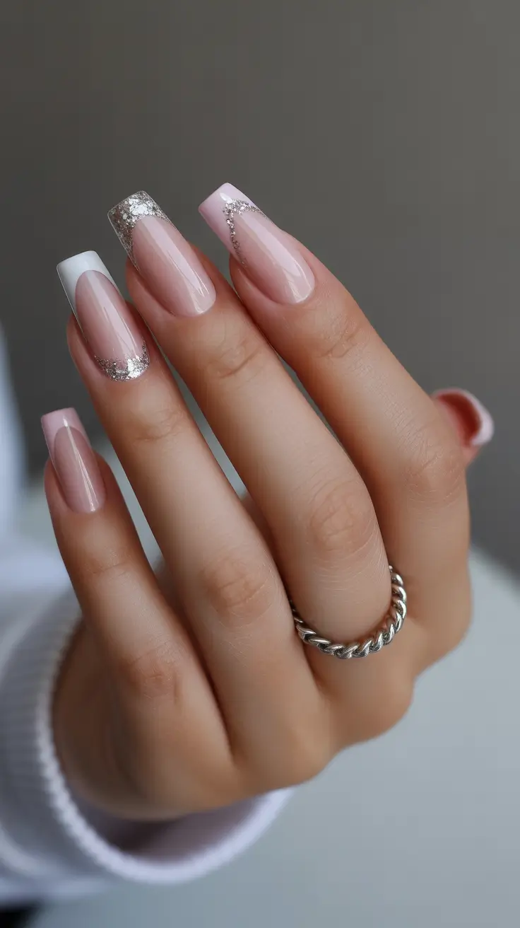 classy spring nails Blush Nude with Silver Glitter French - Subtle Sparkle for Soft Spring Evenings