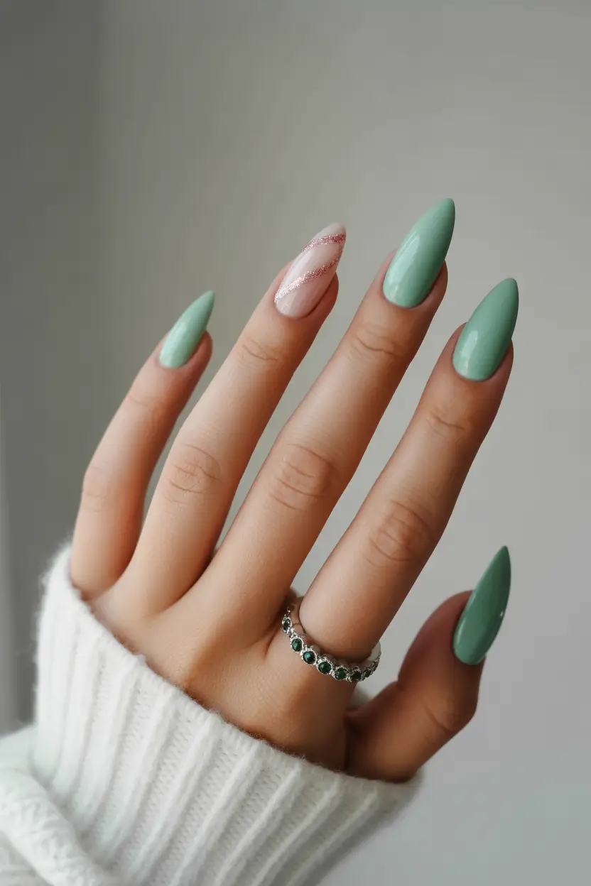 classy spring nails Sage Green Almond with Glitter Accent - Fresh Botanical Energy