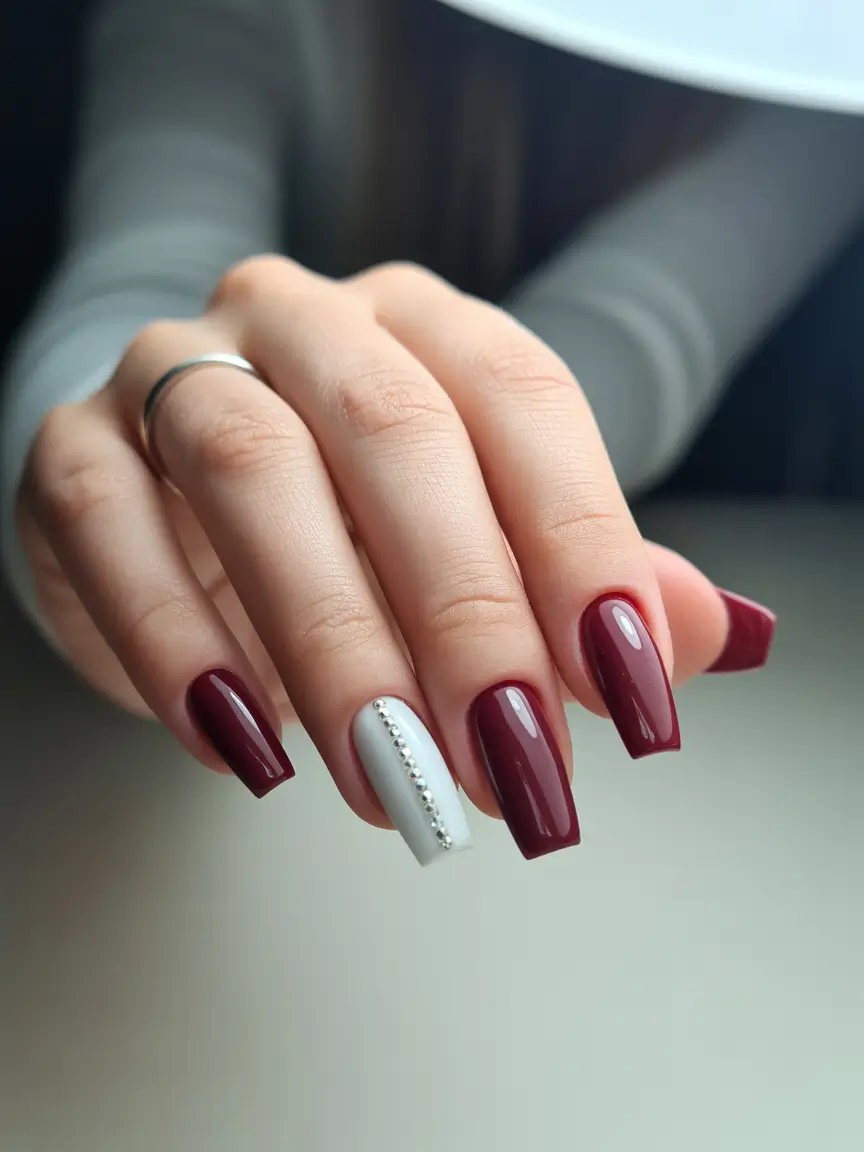classy spring nails Burgundy and Dove Gray Short Square with Crystal Line - Balanced Contrast