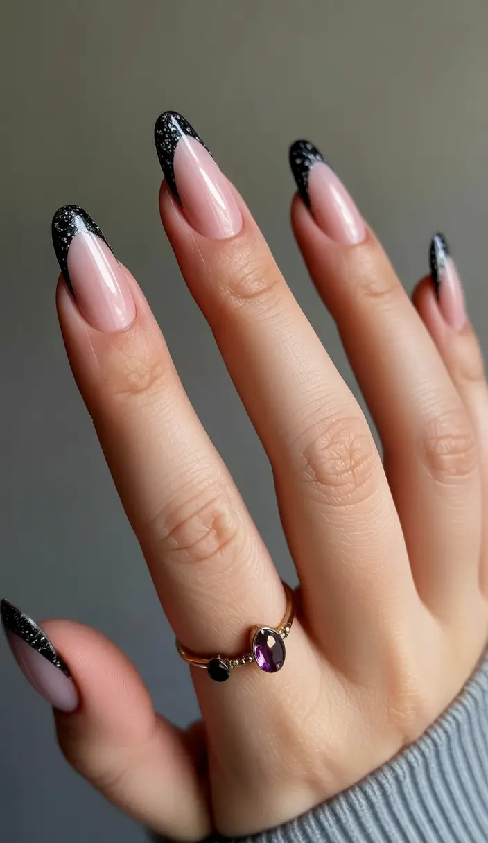 classy spring nails Black Glitter Almond French - Night-Sky Edge for Spring