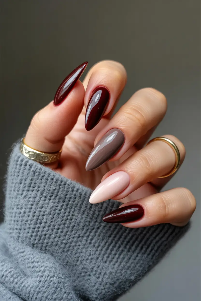 classy spring nails Moody Mix-and-Match Almond - Espresso, Nude, and Glossy Wine
