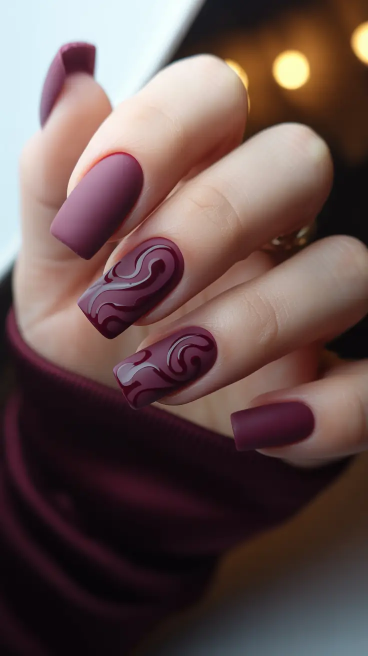classy spring nails Matte Plum Swirl Square - Artistic Mood for Transitional Weather