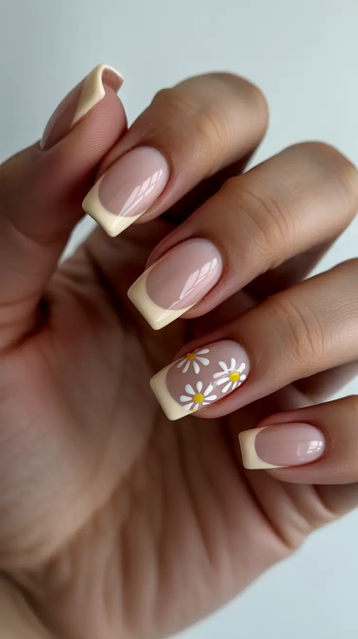 classy spring nails Creamy Almond French with Daisy Details - The Fresh-Girl Classic