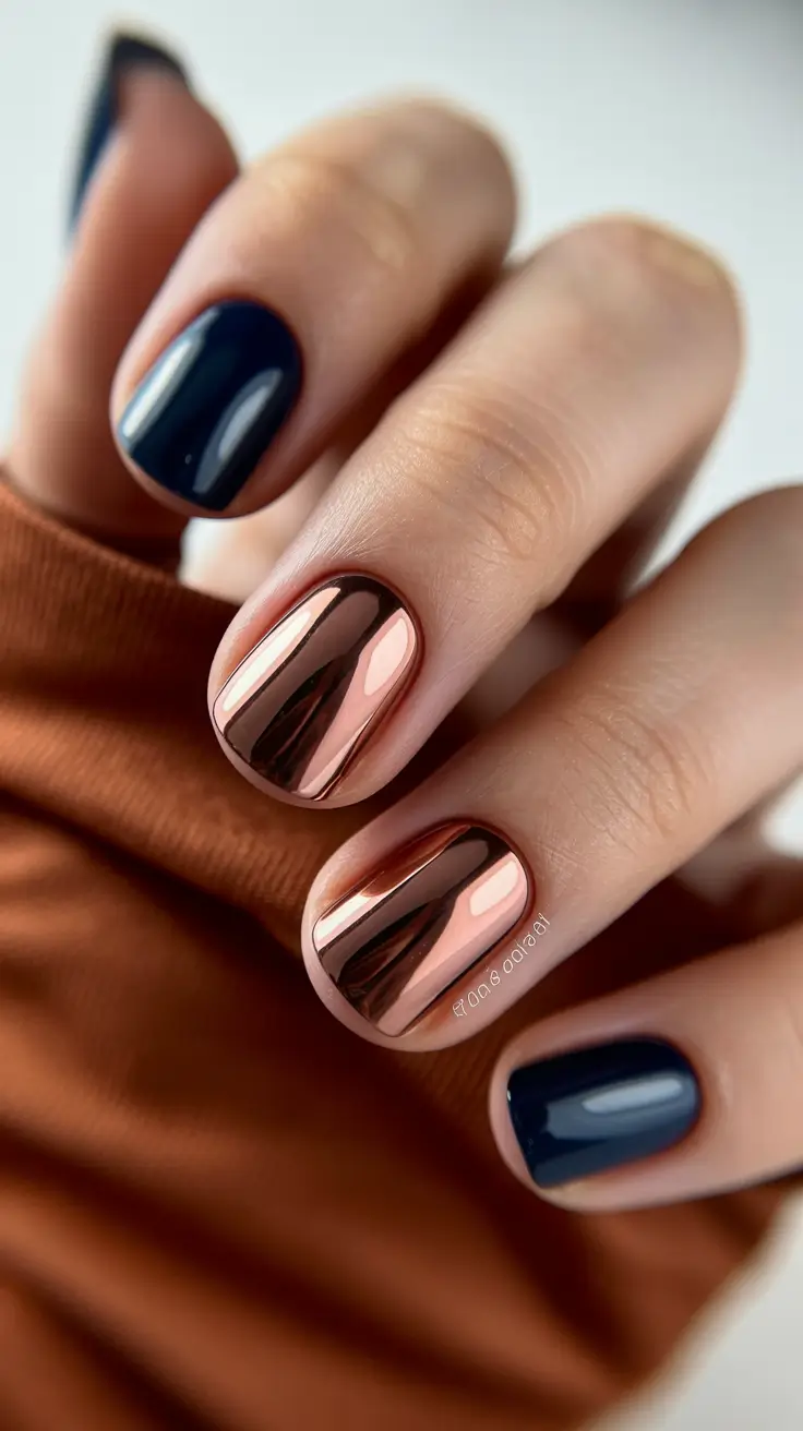 classy spring nails Short Square Navy with Rose-Gold Chrome - The Minimalist Power Combo