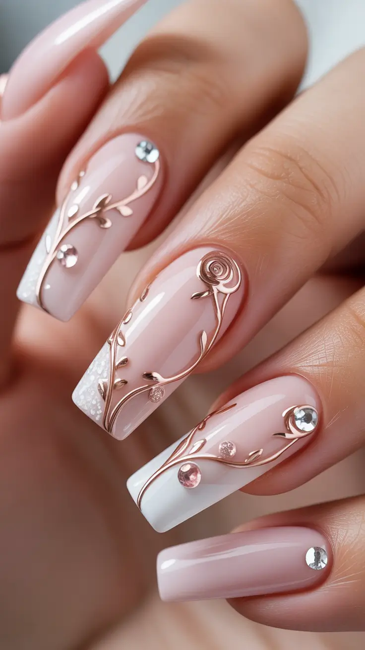 classy spring nails Blush Coffin with Rose Gold Florals - Romantic Statement Art
