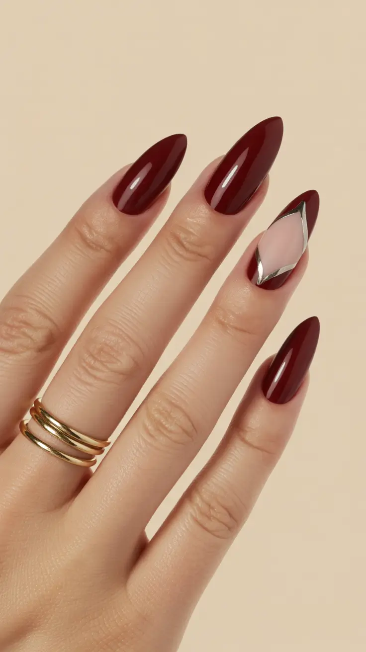 classy spring nails Deep Burgundy Almond with Geometric Accent - Modern Power Red