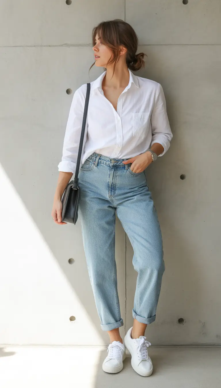 comfy spring outfits Effortless White Shirt and Relaxed Denim Energy