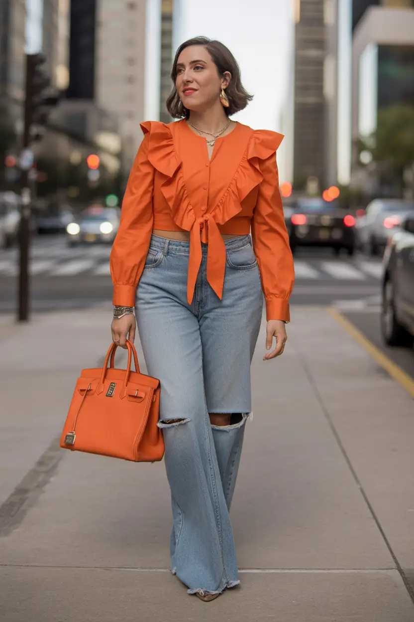 comfy spring outfits Orange Statement Blouse and Jeans That Feel Like a Mood Boost