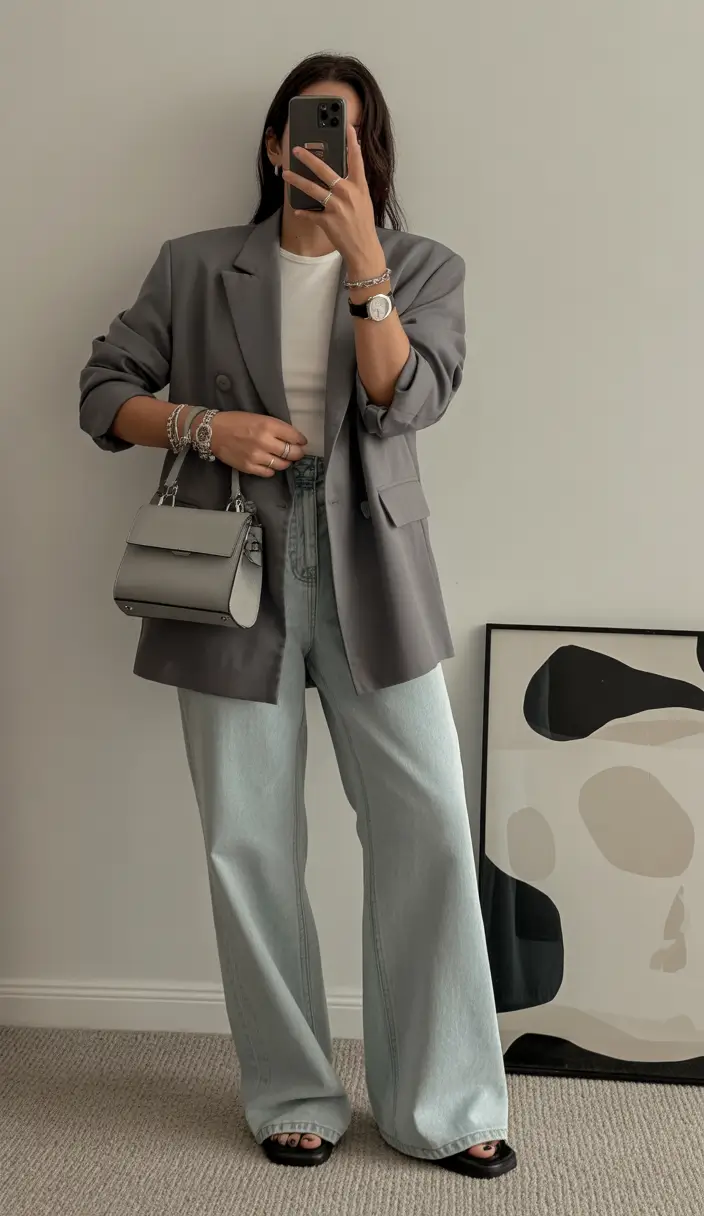 comfy spring outfits Grey Blazer and Wide-Leg Denim for Cool-Girl Spring Minimalism