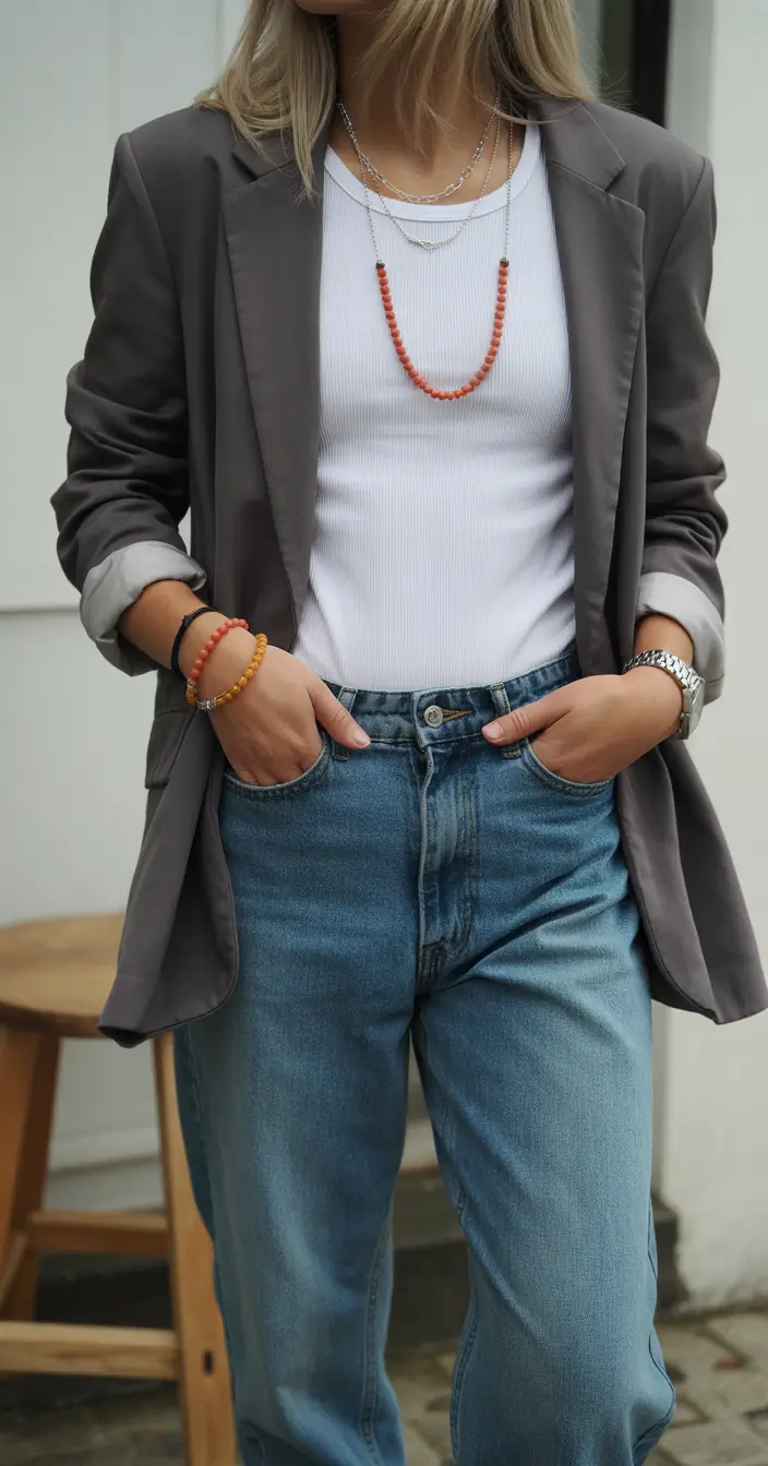 comfy spring outfits The Classic Tank and Blazer Combo with Layered Jewelry Energy