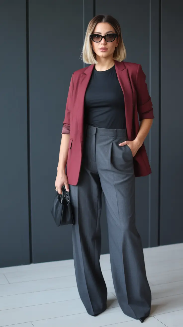 comfy spring outfits Wine Blazer and Grey Trousers for Chic Work-to-Weekend Energy