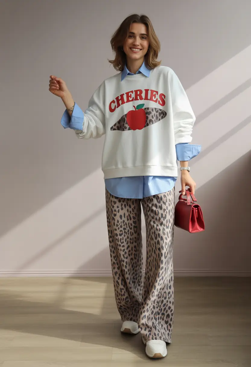 comfy spring outfits Lazy Days Leggings, a Pop-Graphic Sweatshirt, and a Fun Bag