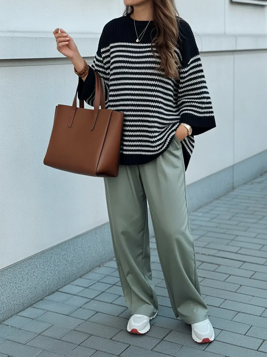 comfy spring outfits The Striped Sweater and Relaxed Pants Look for Cold Spring Mornings