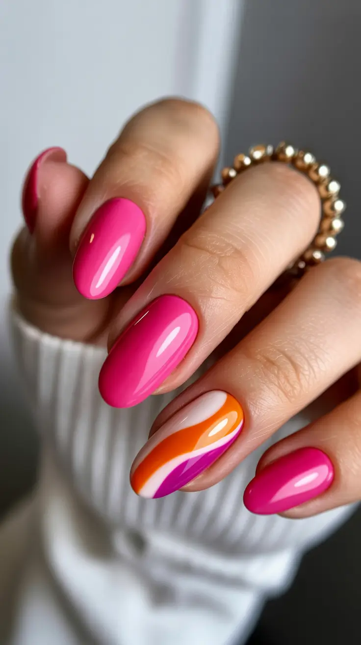 spring nails pink Glossy Pink With Modern Color Flow Accents