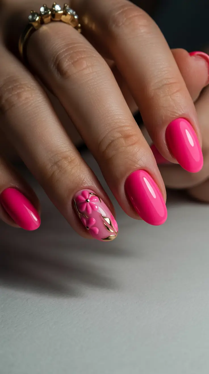 spring nails pink Bright Pink Floral Accent Nails With Gold Details