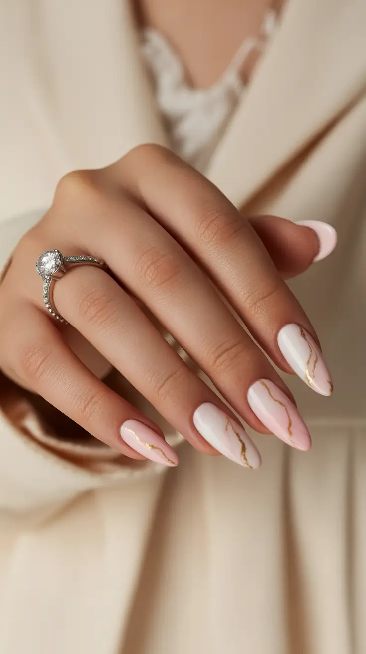 spring nails pink Elegant Pink And White Marble Nails With Gold Veins
